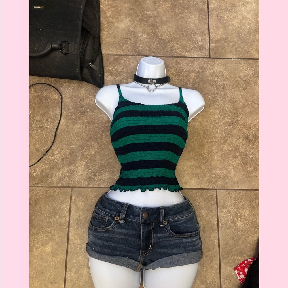 Hollister Green and Black Striped Crop Top